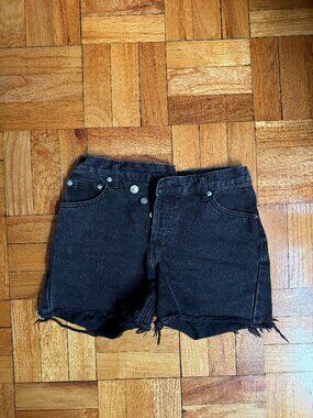 Princess Polly Black High Waisted Denim Shorts US 2, Button Fly Raw Hem